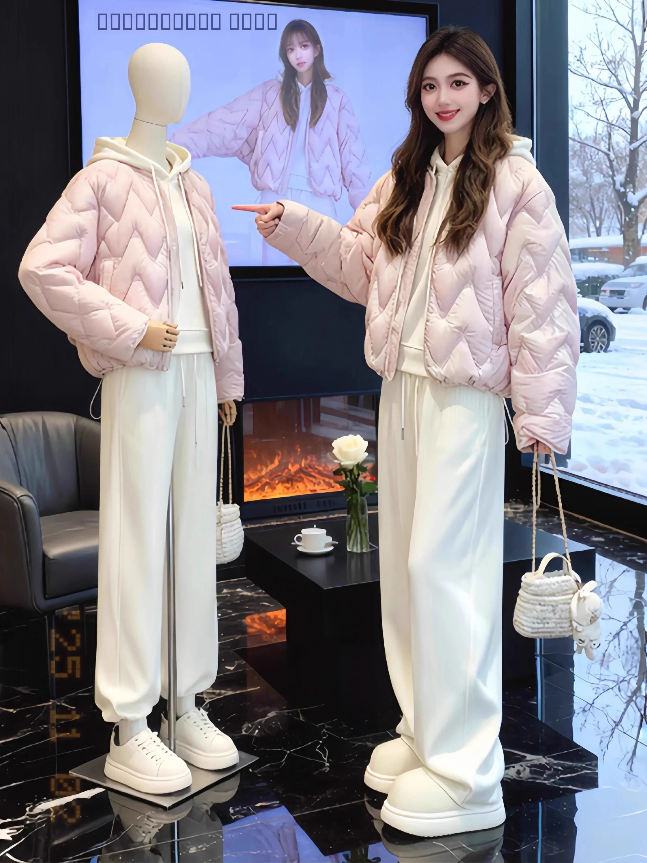 

Pink Cotton Jaet And Pants Set Women's Spor Casual Outfit Chic Anti-Aging Winter Faion Tee-Piece Ensemble High Waist