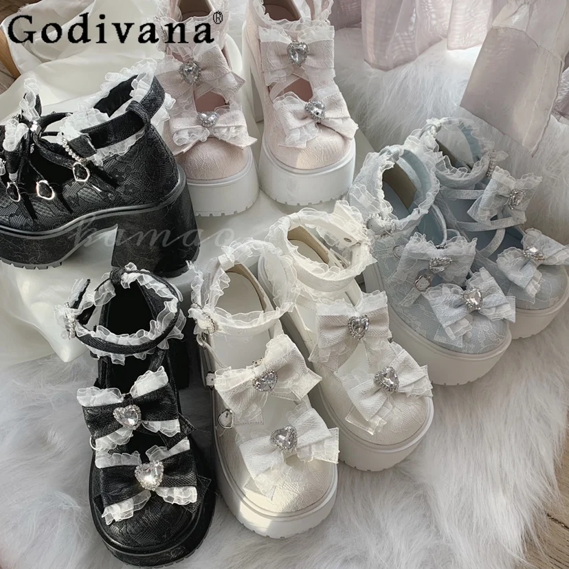 

Japanese Style Mine Subculture Lolita High Heels Women's Sweet Girls Bowing Platform Heels Ladies Mary Jane Shoes Spring Summer