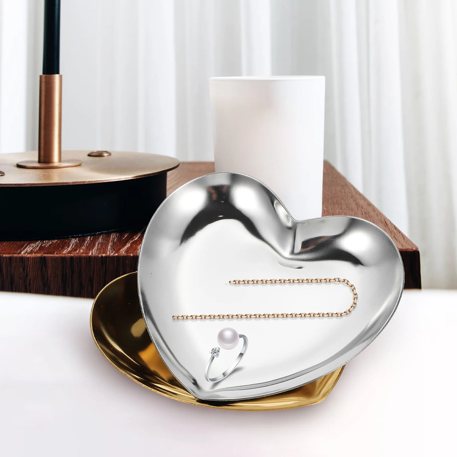 

2pcs Heart Jewelry Storage Tray Stainless Steel Desktop Dish for Rings Necklaces Earrings Trinkets Travel Metal Organizer