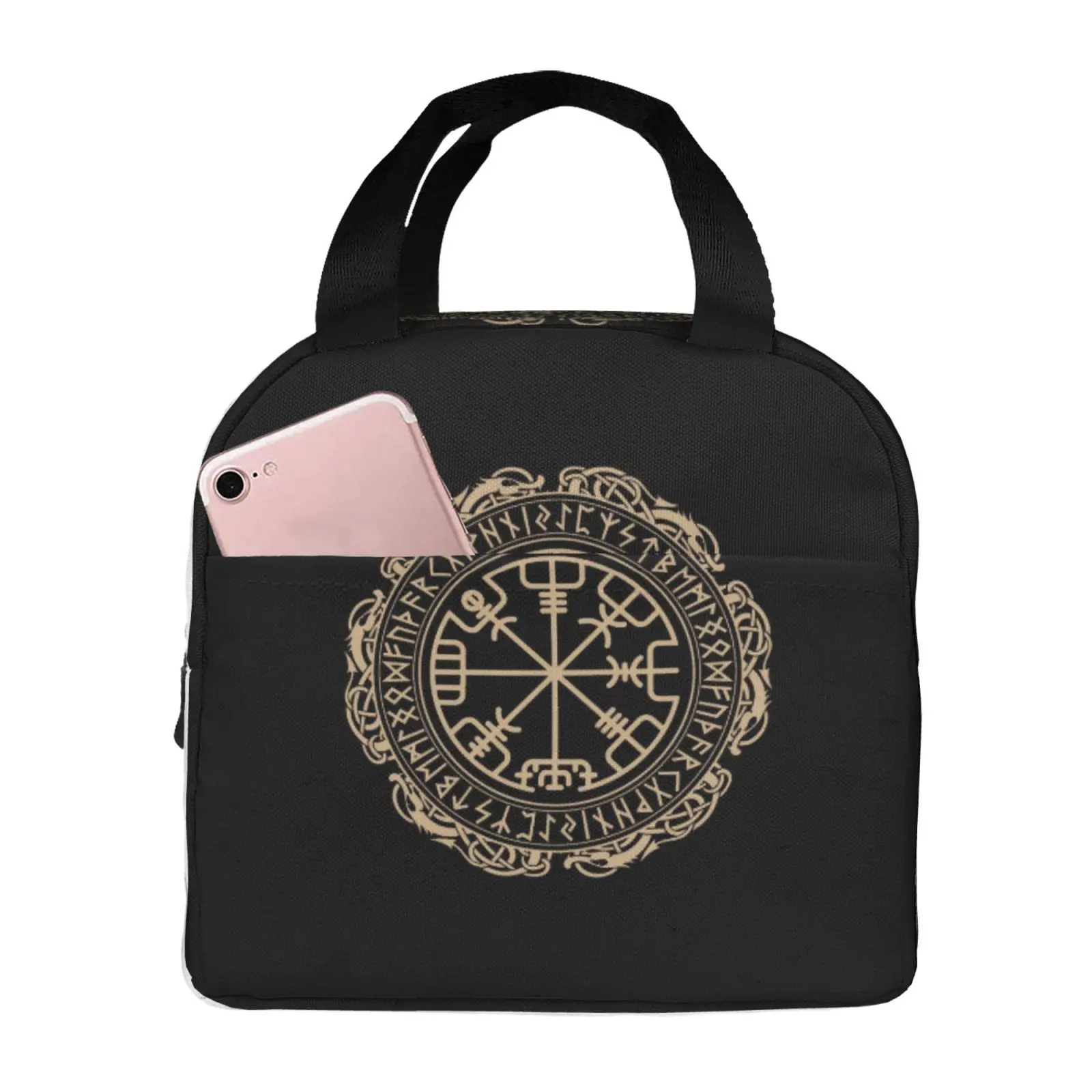 Black Celtic Viking Pattern Lunch Bag for Girls Funny Lunch Box Fun Picnic Cooler Bag Portable Zipper Oxford Thermal Lunch Bags