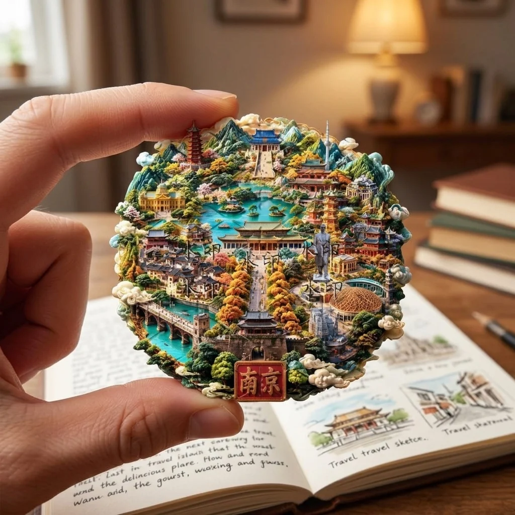 Embossed Metal Magnetic Fridge Magnet Nanjing China, Landmarks Souvenir: Sun Yat-sen Mausoleum, Qinhuai River, Zifeng Tower Gift