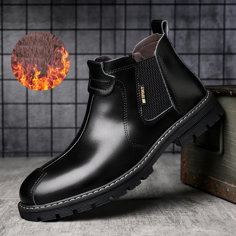 Black Men's Winter Shoes Slip On Warmed Plush Ankle Boots Men Quality Comfort Leather Boots For Men Chelsea Boots botas de cuero