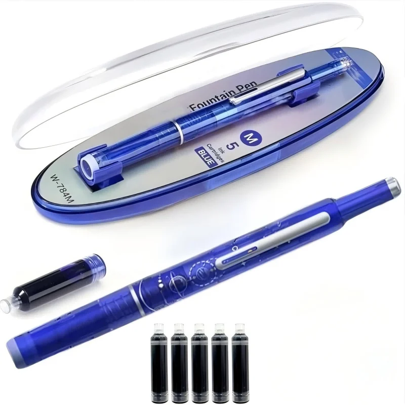 

Перьевая ручка Push Action для студентов с 5 многоразовыми чернильными картриджами, перьевая ручка работает гладко без утечки (синяя)