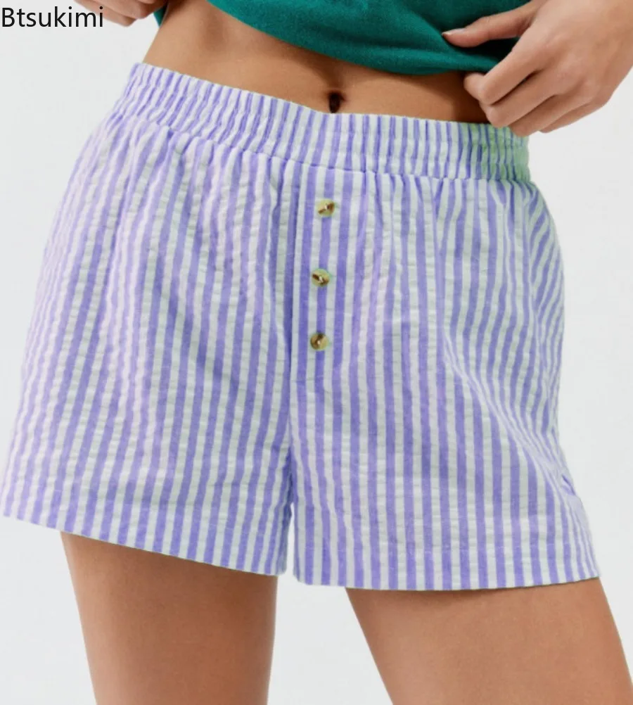 2025 Women's Summer Casual Shorts Stripe Style Y2K Elastic High Waist Wide Leg Short Pants Button Front Streetwear Girls Shorts