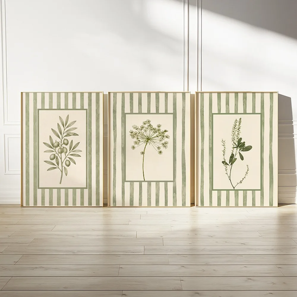 3pcs Frameless, Sage Plant Specimen Series Canvas Poster Simple Green Striped Single Stem Flower Art Retro Style Wall Decoration