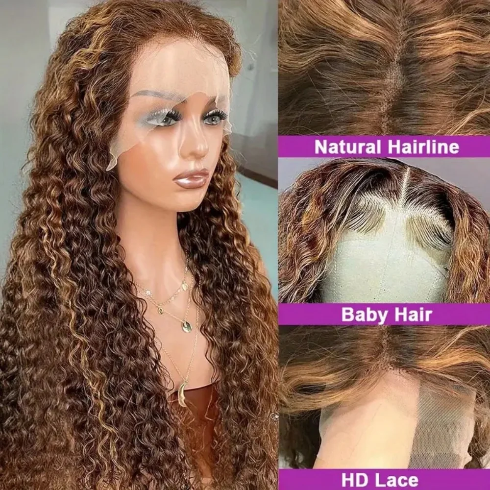 شعر بشري برازيلي بكر ، شعر مستعار مجعد أمامي عميق ، شعر مستعار بدانتيل أمامي شفاف ، موجة عميقة ، شعر مستعار عسل أشقر ، كثافة ، 13x4