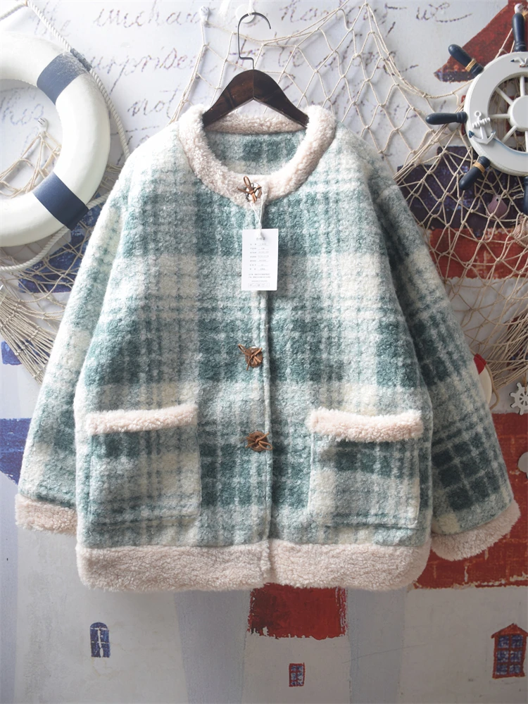

Sweet Hot Girl Japanese Lamb Wool Splicing Coat Women's Autumn/winter Loose O-neck Clip Cotton Thickened Woolen Coat