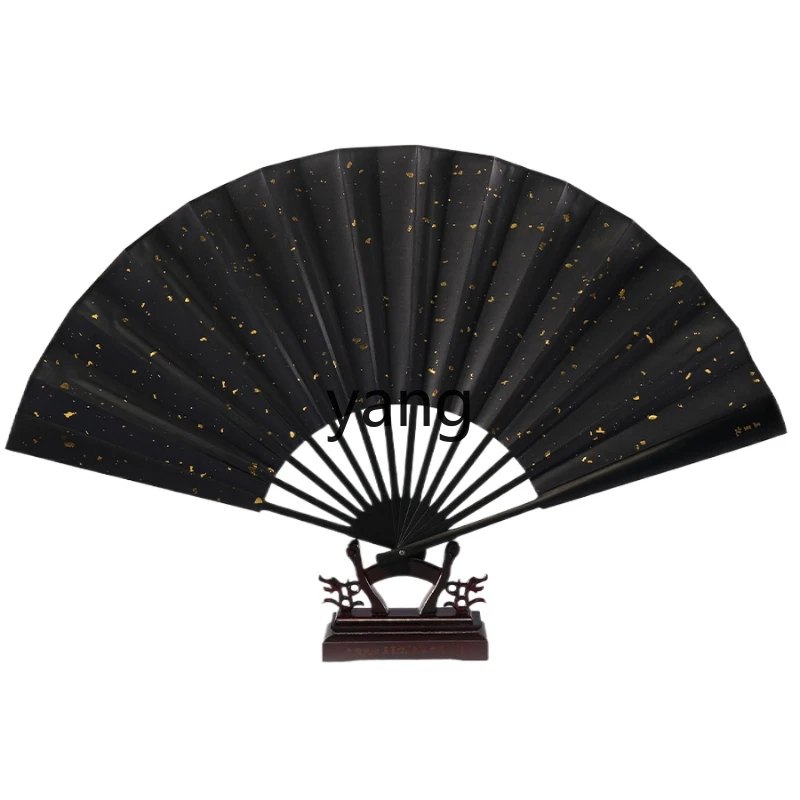 

LXL Folding Fan Chinese Style Men's Jade Bamboo Bone Hanfu Black Domineering Sprinkle Golden Fan