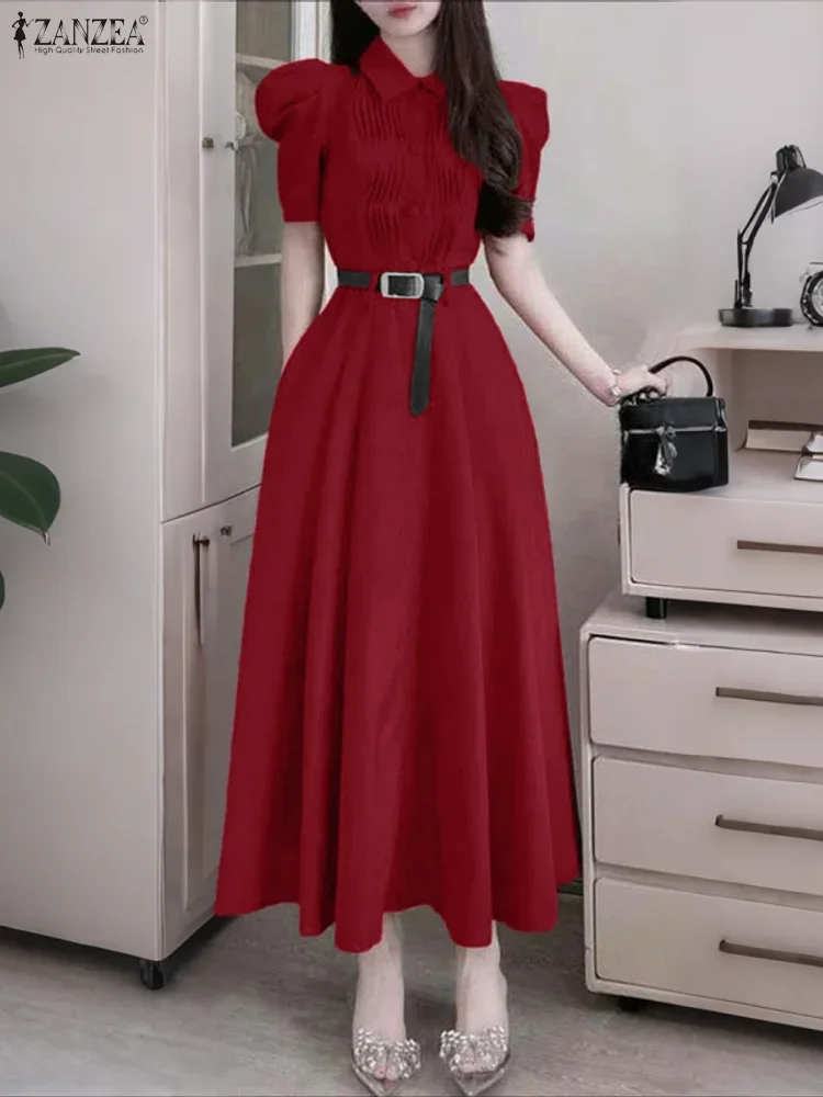 2025 ZANZEA Elegant Women Party Dresses Short Sleeve Summer Maxi Vestidos Fashion Lapel Pleated Solid Casual Loose Shirt Robe