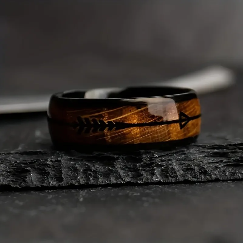 Fashion 8mm Black Stainless Steel Arrow Rings For Men Hawaiian Koa Wood Inlay Rings Men Wedding Band Jewelry Wholesale