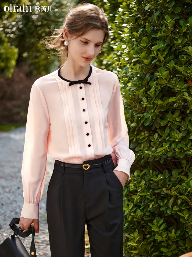 

OLrain Chiffon Women's Shirts 2025 Autumn Elegant Viscose Long Sleeve Bow Round Neck Button Blouses for Women O21QC52985