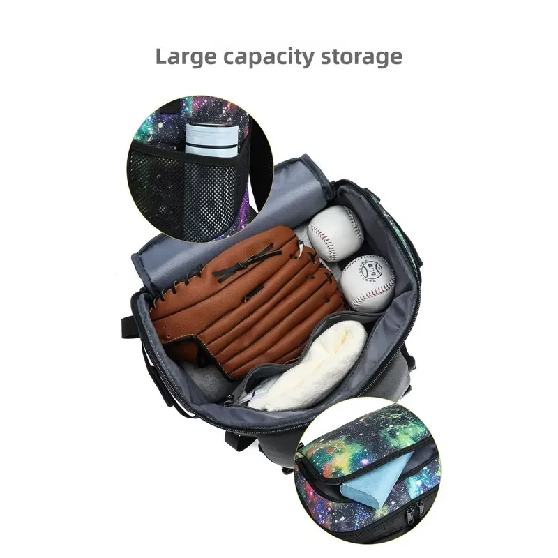 for Customizable 36-55L Unisex Baseball Backpack School Waterproof Oxford Cloth Zipper Shoe Bag Bat Holder Galaxy Printed