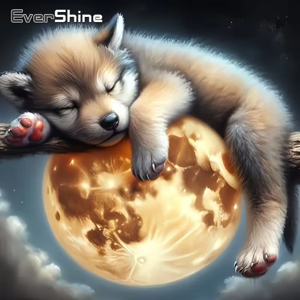 EverShine 5D DIY Diamant-Malerei Hund Wolf Tier Mosaik Mond Acryl Bastelbedarf Diamant-Stickerei Wandkunst Handgemachtes Hobby