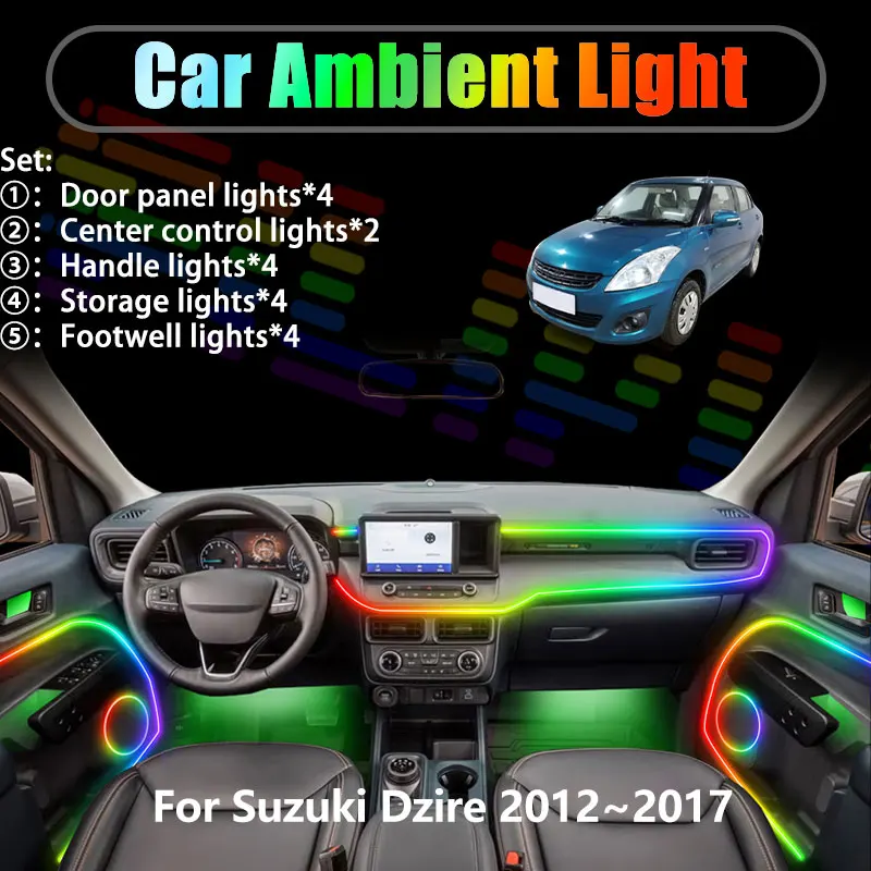 

For Suzuki Dzire 2012~2017 MK2 2013 2014 2/18 in 1 Car ambient lighting Led trunk interior led lights USB RGB Ensemble Streamer