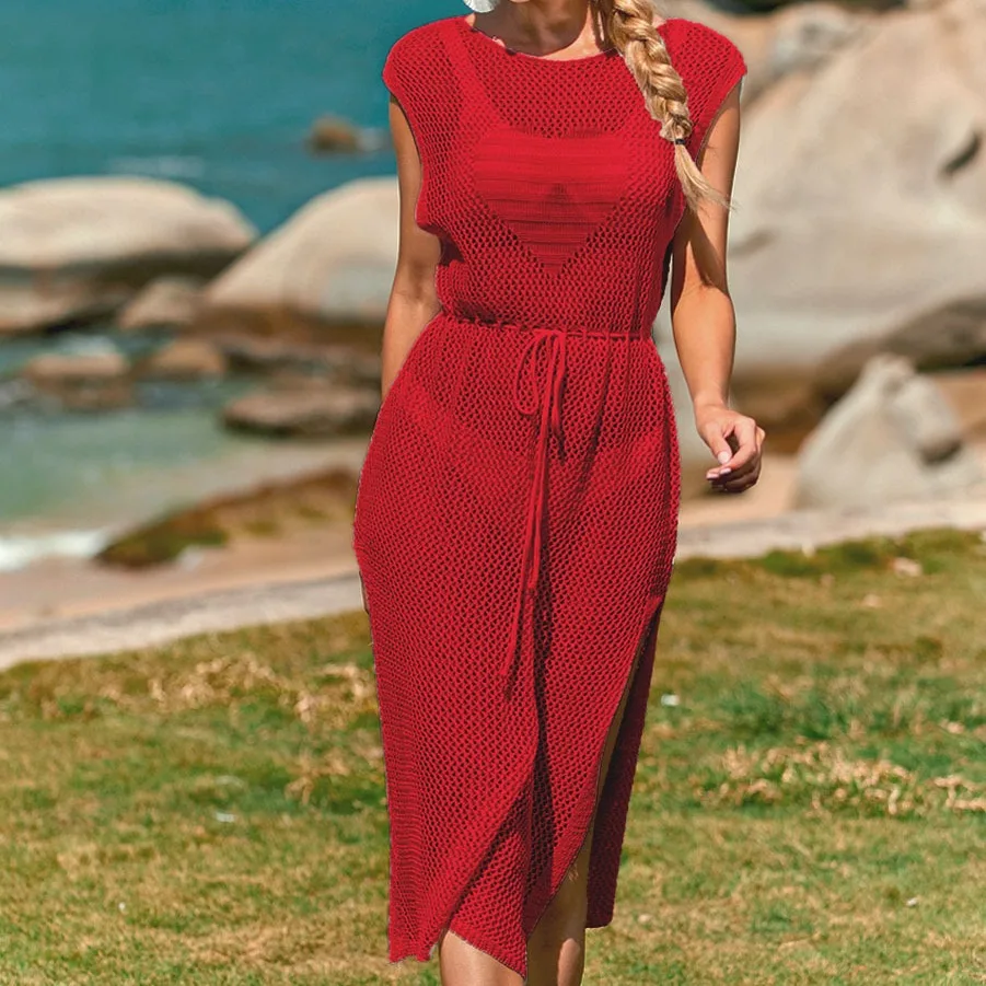 Vestido tipo pareo de playa de punto para mujer - Envoltura de bikini de malla hueca - Moda de ropa de playa de verano con ribete de encaje