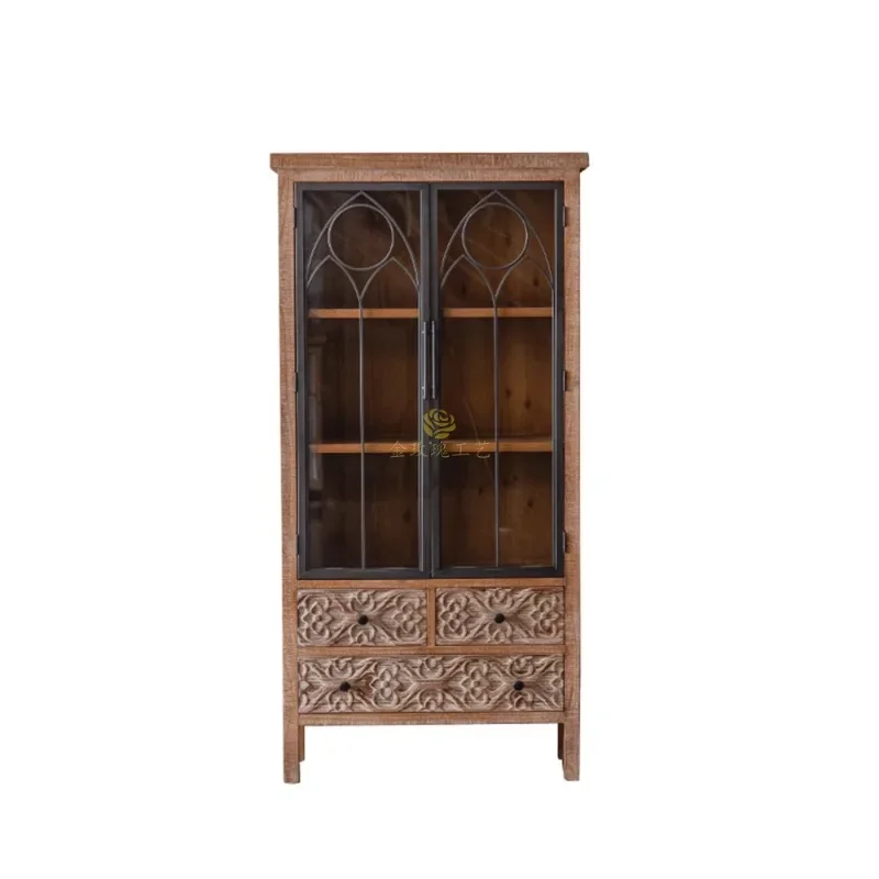 Retro French entrance cabinet home carved glass wine cabinet living room against the wall home homestay solid wood dining side c