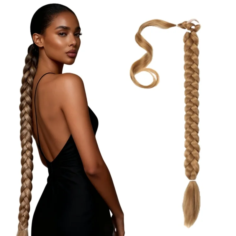 

Длинный хвост, наращивание волос, плетеный хвост, синтетический 85 см с резинкой, натуральный блондин, черный для женщин, косички для волос