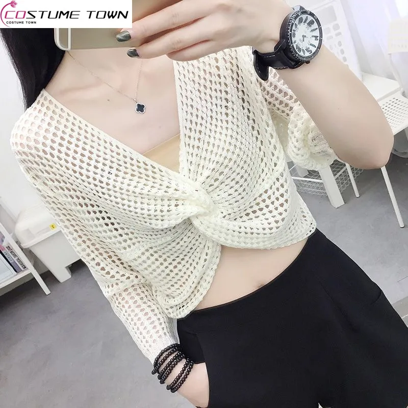 Short Blouse for Women Loose Fitting Summer Navel Exposed with Skirt Hollowed Out Knit Cross V-neck High Waisted Top for Women