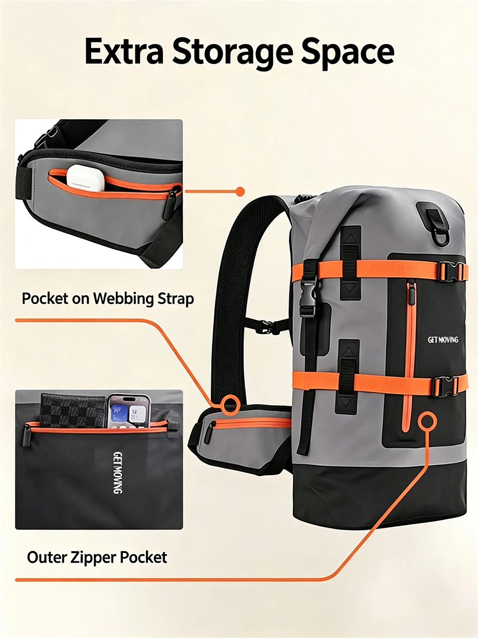 Schwimm-PVC-Packtasche, wasserdichter Rucksack für Damen und Herren, 40L, für Kajak, Trekking, Rafting, Surfen, Bootfahren, Trockentasche – Detail 4