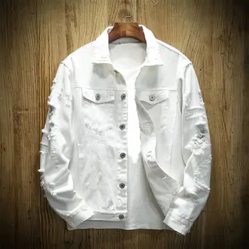 New 2024 Men's Fashion Jeans Jacket Solid Spring Autumn Cotton Denim Jacket Men White Black Pink Ripped Hole Jean Coats Male 3 New 2024 Men's Fashion Jeans Jacket Solid Spring Autumn Cotton Denim Jacket Men White Black Pink Ripped Hole Jean Coats Male 3