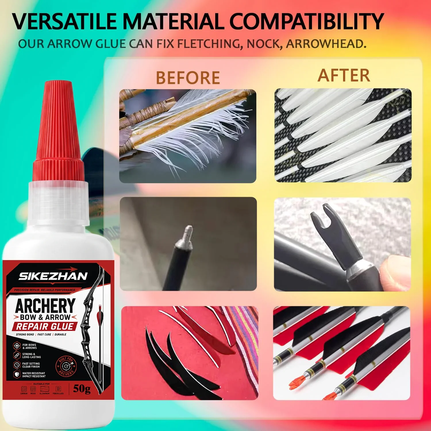 Archery Bow & Arrow Repair Glue, instant drying, waterproof for Carbon Wood Fiberglass Shafts Fletching Nocks Precision Repair