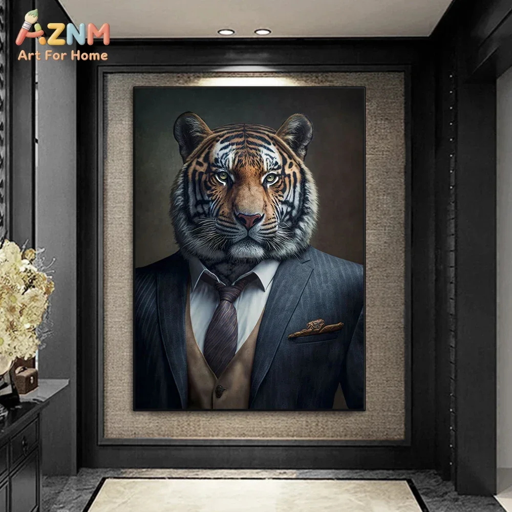 AZNM Vintage Gentleman Animal Canvas Wall Art Tiger Lion Leopard Elephant Owl Dressed Wild Animal Portrait Retro Decor Unframed