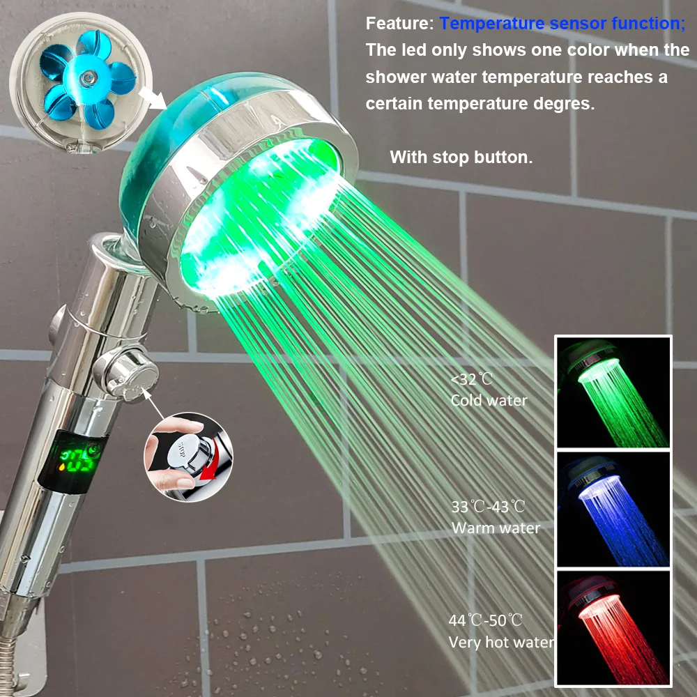 Hochdruck Led Dusche Kopf One Key Stop Taste Digital Display Bildschirm Schwarz Handbrause Temperatur Sensor Dusche Kopf