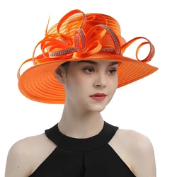 New Orange Satin Cloth Church Hat Elegant Photography Hats Chain Fashion Formal Hat Masquerade Flower Wedding Top Hat for Ladies