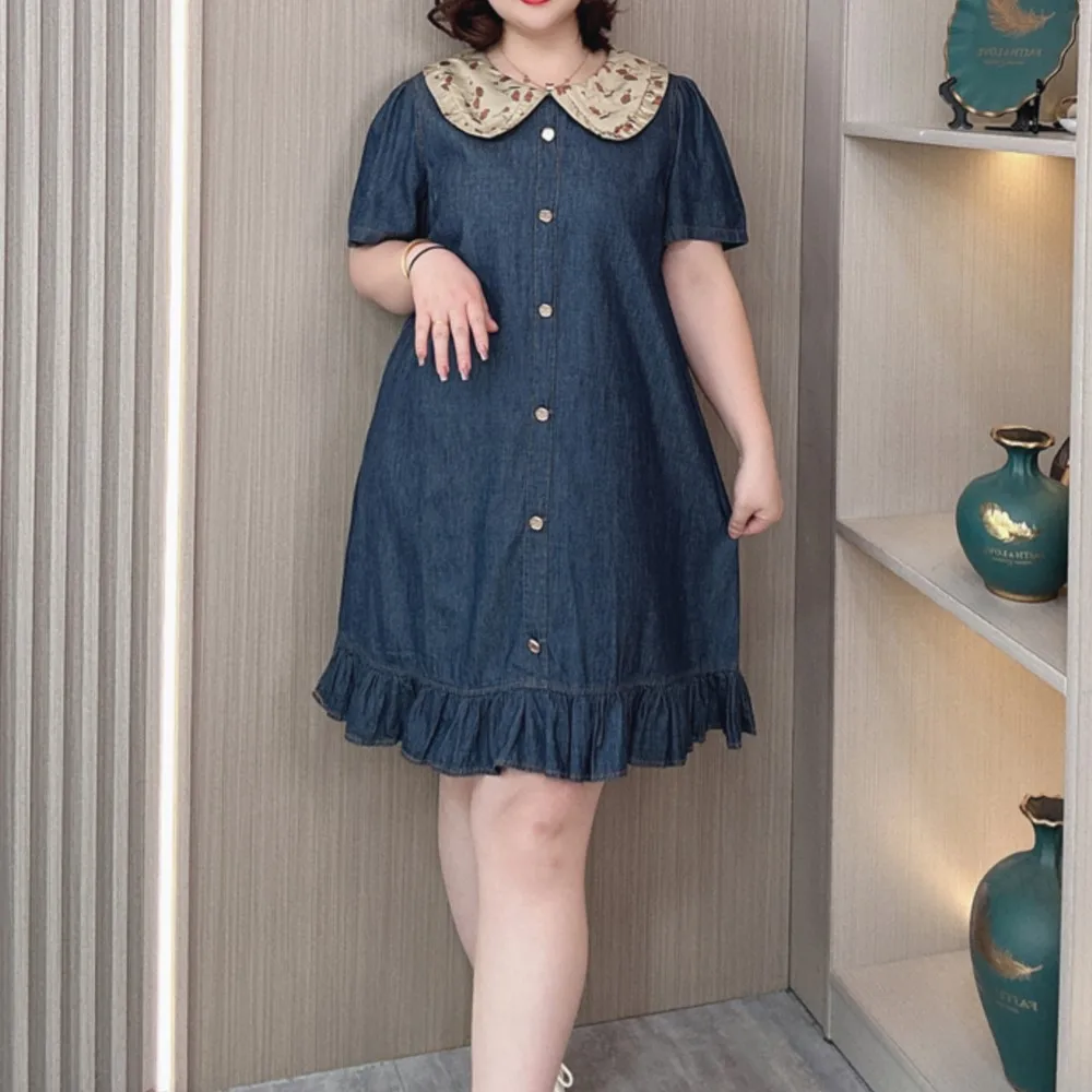 French Temperament Peter Pan Collar Short Sleeve Dress Women's Summer New Plus Size Thin Lyocell Denim Straight Dress