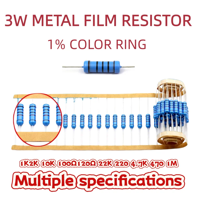 20pcs 3W Metal Film Resistor 1% 1Ω - 1MΩ 10 47 100 120 150 220 300 330 470 910 1K 2.2K 4.7K 10K 15K 20K 47K 100K 220K 470K Ohm