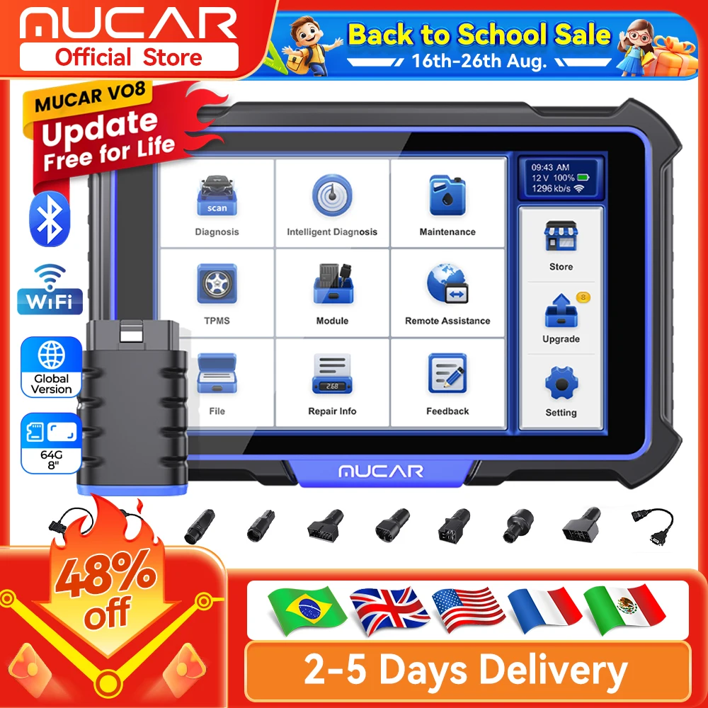 MUCAR VO8 OBD2 Scan Tools All System Diagnosis ECU Coding Bi-directional Control 34 Reset Lifetime Free Update for all Car