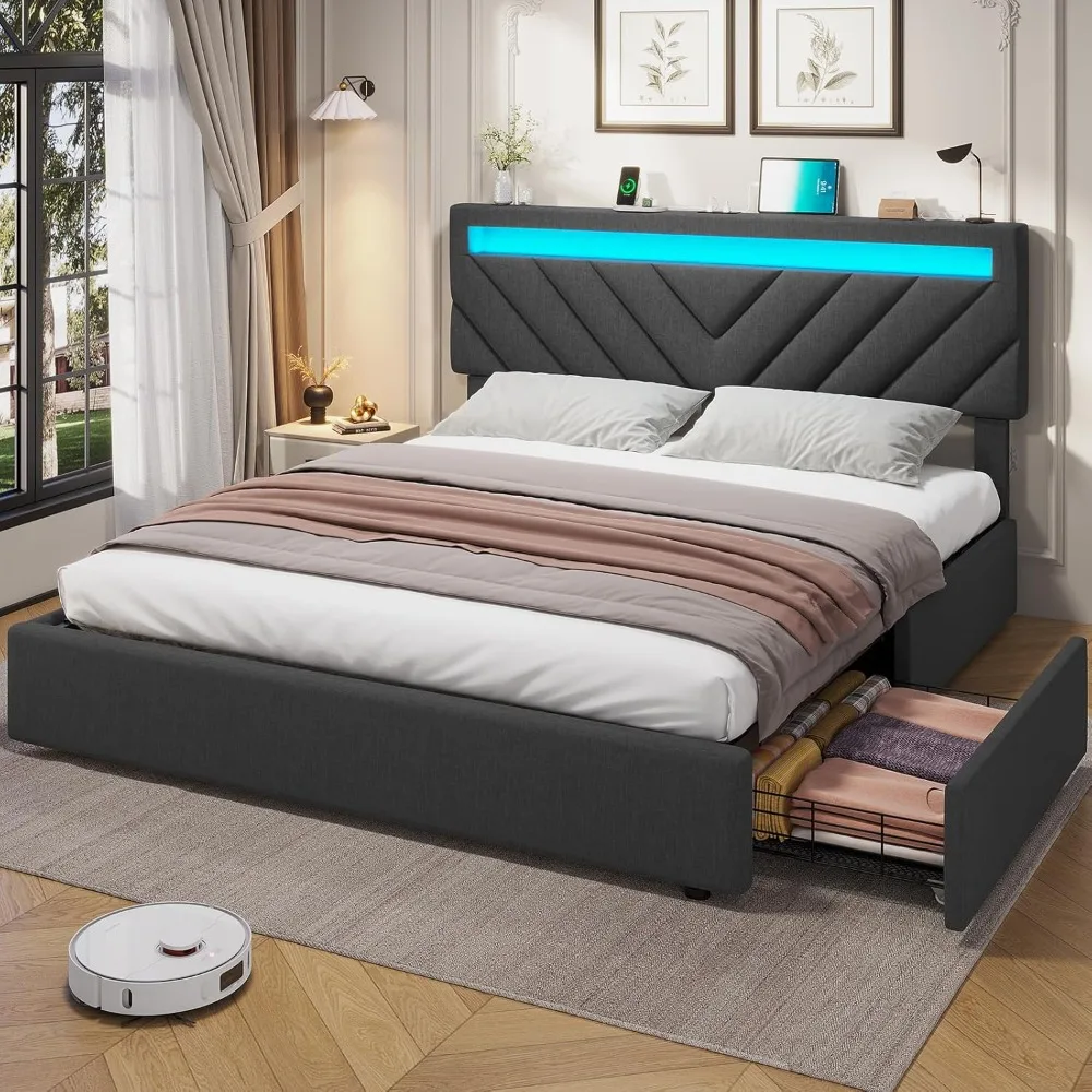 Queen Bed Frame with Drawers, LED Bed Frame with 2 USB Charging Station, Upholstered Platform Bed with Storage & LED Lights