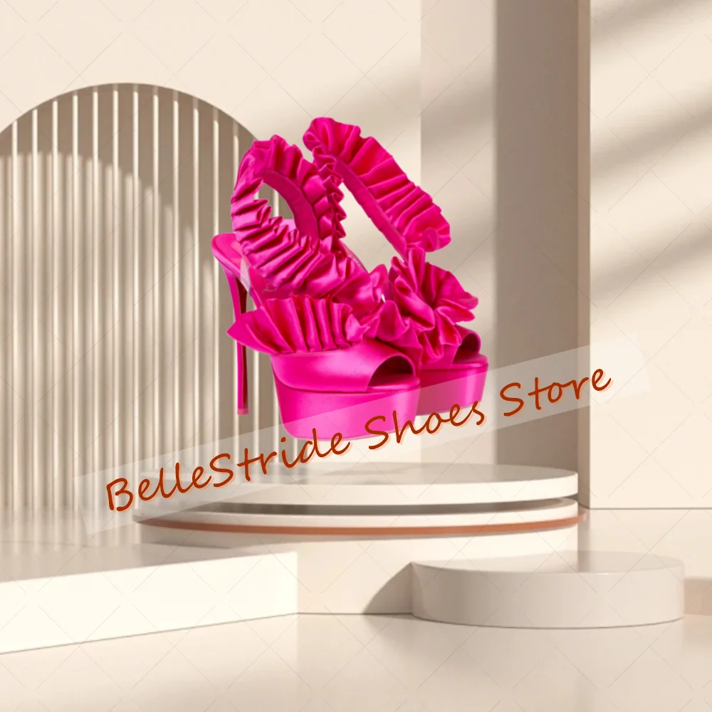 Rose Red Platform Peep Toe Ruffles Sandals Open Toe Women Shoes Thin High Heels Party Banquet Dating 2025 Zapatos Para Mujere