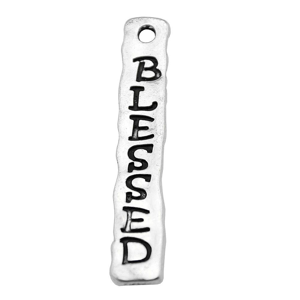 

Wholesale 100pcs/bag 40x7mm Blessed Plates Pendant Charms Wholesale Antique Silver Color Blessed Pendants Charm