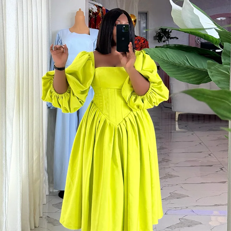 

New sweet and fresh square neck lantern sleeves high waist and thin A-shaped dress long dress fashionable simple and versatile t