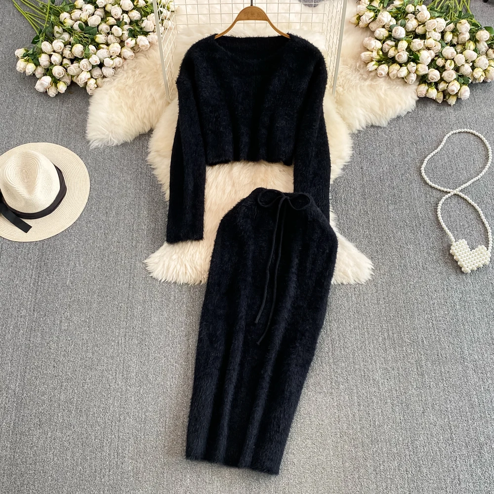 Elegant Women Faux Mink Skirt Suit Solid Fluffy Warm Soft Pullover Short Shirts+High Waist Bow Sheath Hips Skirts Two Pieces Set