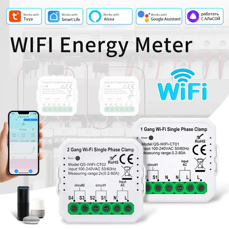 80A Smart Energy Meter Tuya WiFi AC 100-240V 1CH 2CH Clamp Power Monitor App Control Electricity Consumption Statistics