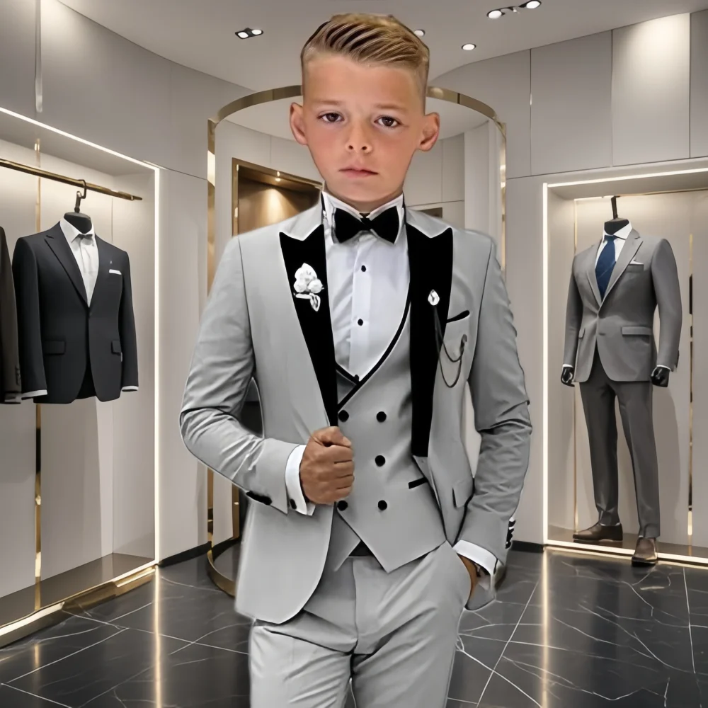 Velvet Collar Suit Set for Kids 3-14 Years, Three-Piece Wedding Suits for Boys, Toddler Suits Tuxedo Homecoming Teens Suits