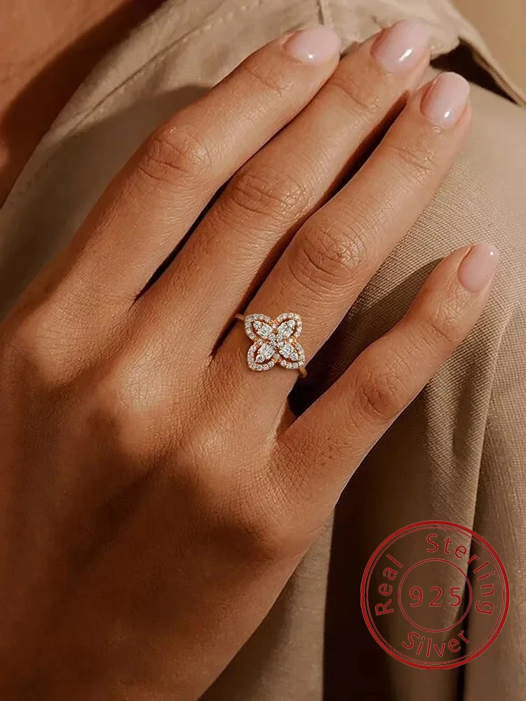 

925 Sterling Silver Fashion Classic Zircon Clover Adjustable Ring For Women Engagement Wedding Luxury High Quality Fine Jewelry