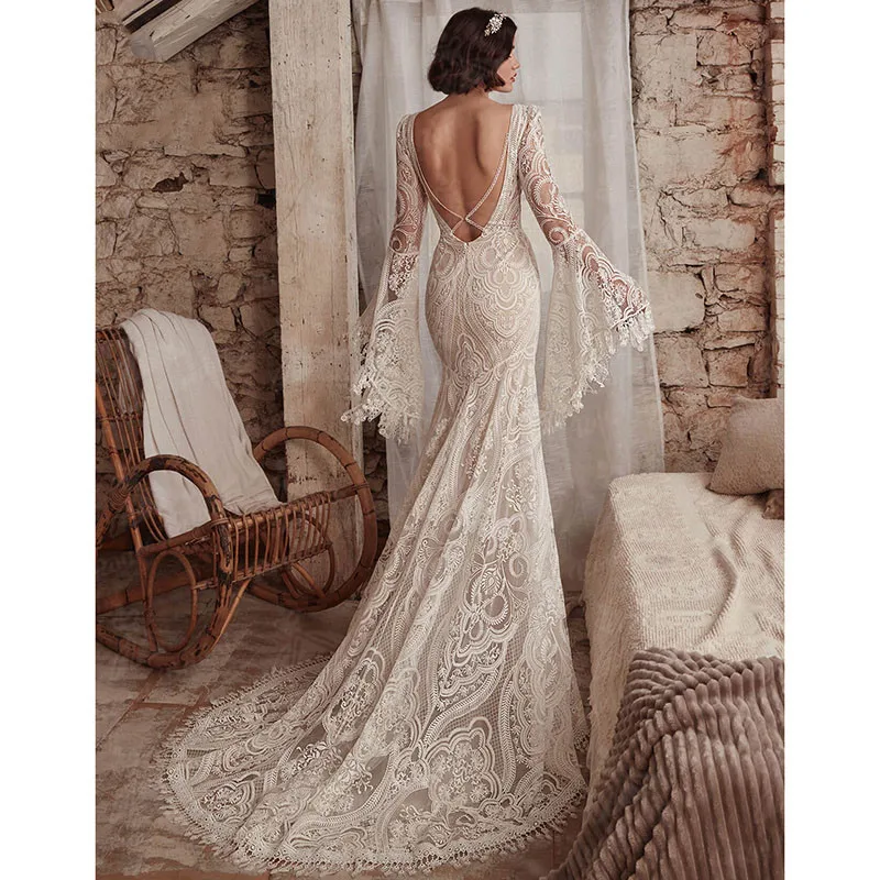 Mermaid Boho Wedding Dress V Neck Backless Long Flare Sleeve Lace appliqued beach country Bridal Gown Vestido De Novia