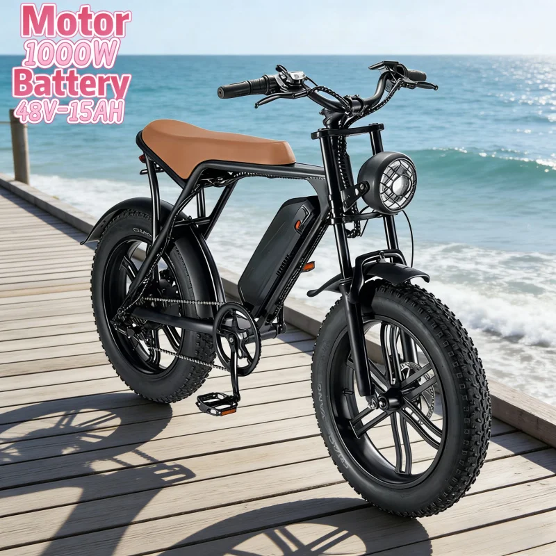 

Электрический мопед для взрослых с аккумулятором 48V15AH, мощным двигателем 1000W, 20-дюймовыми широкими шинами, горный внедорожный электровелосипед.