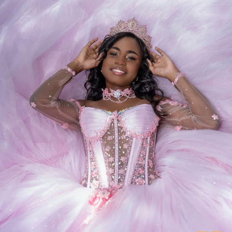 

Shiny Pink Off Shoulder Quinceanera Dress Lace sequin applique 3D flower vestidos de 15 Quinceanera Customized