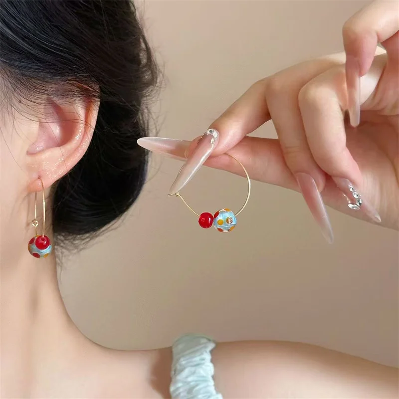 Romantic Dopamine Colorful Contrasting Round Beads Hoop Earrings Sweet Polka Dot Print Circle Ear Buckle Women Party Jewelry