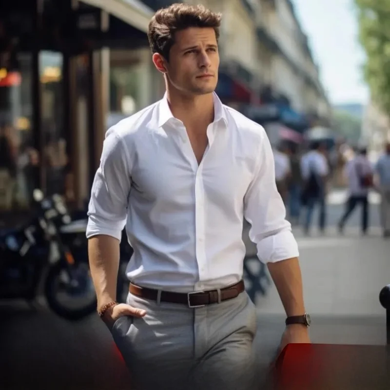 

White Long Sleeve Silk Shirt Men's Casual Style Breathable Autumn Winter Texture Business Leisure Garage Man Standard Fit Shirt