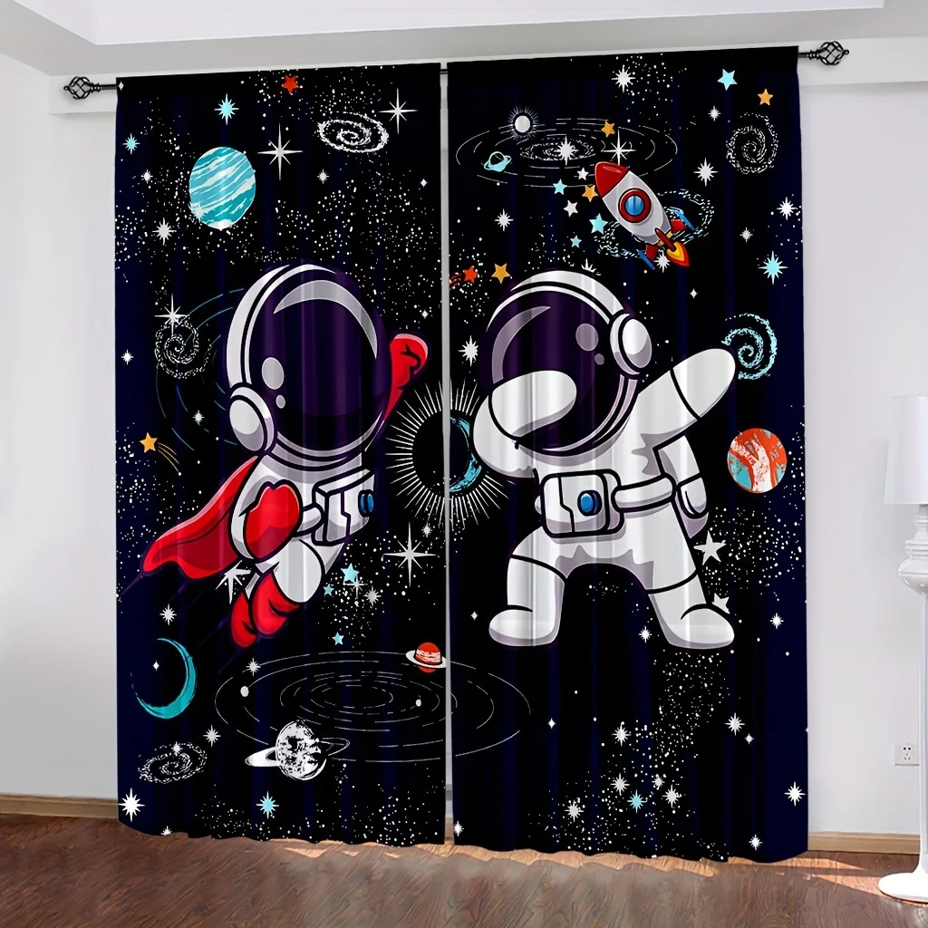 2PCS Black Curtains Astronaut Space Astronaut Window Curtains Planets Shuttles Cosmic Adventure Home Decor Rod Pocket For Bedroo