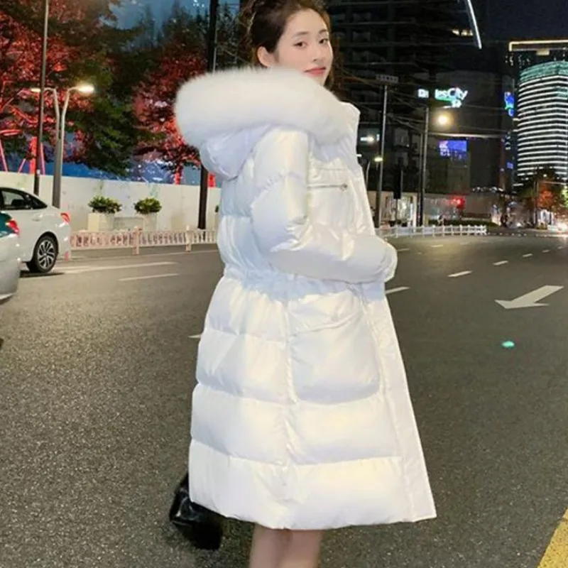 

2023 New Women Down Cotton Coat Winter Jacket Female Mid-length Waist Retraction Parkas Big Fur Collar Outwear Hooded Overcoat