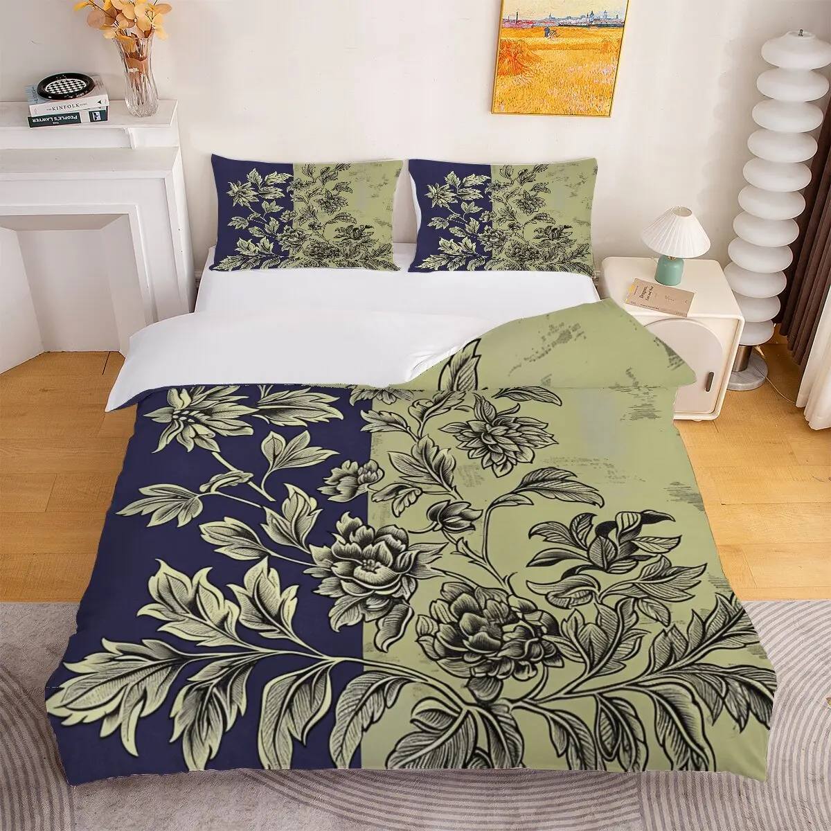 Chrysanthemum  duvet cover   Flowers and leaves  1 duvet cover, 2 pillowcases, 3 pieces