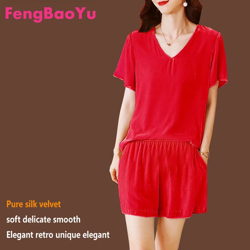 

Fengbaoyu Velvet Spring Autumn Ladies Short-sleeved V-collar T-shirt Shorts Set Leisure Sports Soft Two Peice Set for Women 5XL