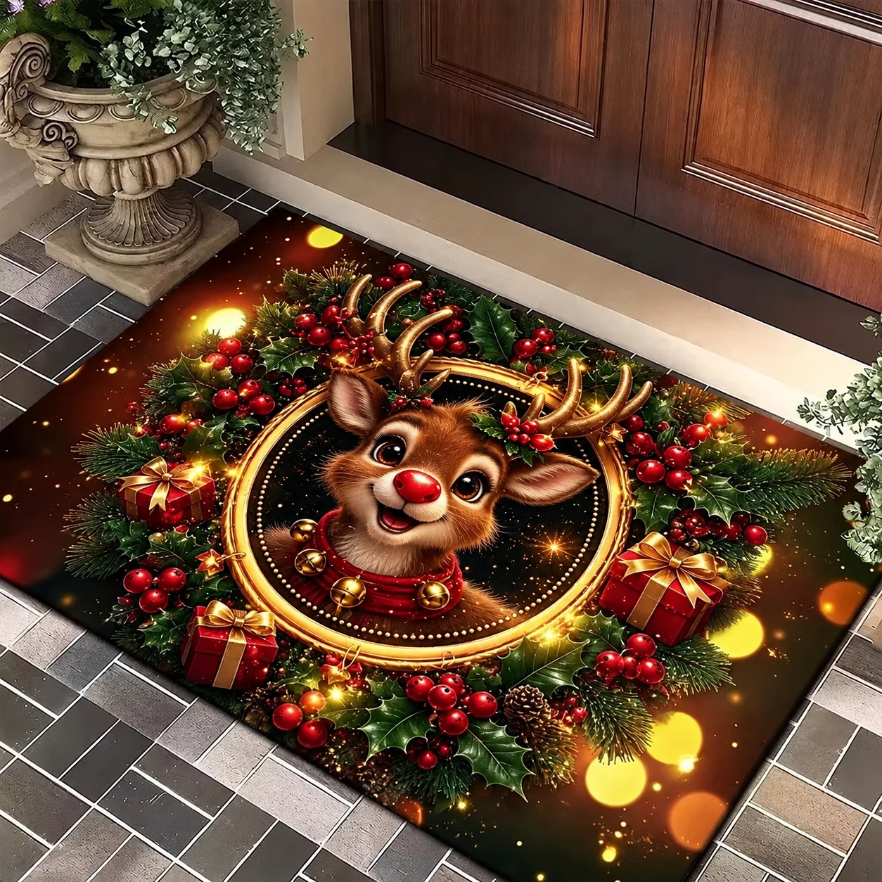 Cute Red Nose Reindeer Christmas Doormat Holly Berry Gift Box Bokeh Light Print Floor Mat Front Porch Xmas Home Decoration