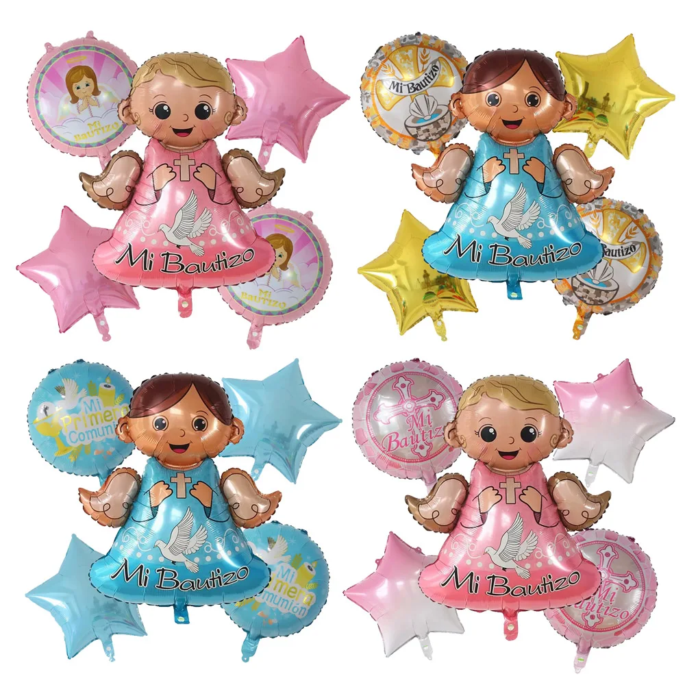 1Set Spanish baby baptism balloon angel baby aluminum foil balloon blue boy pink girl baby baptism party decoration balloon